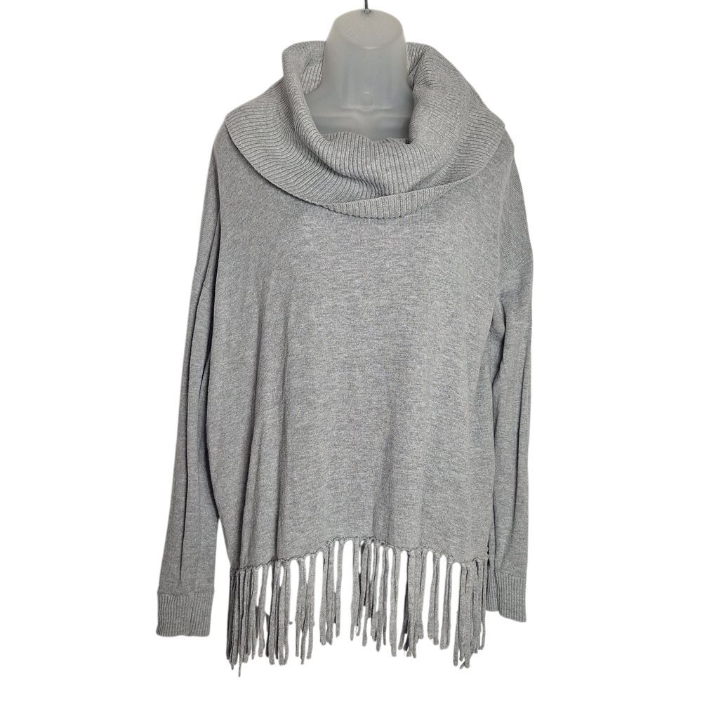 Michael Kors Fringe Sweater Long Sleeve Cowl Neck Gray Medium Womens